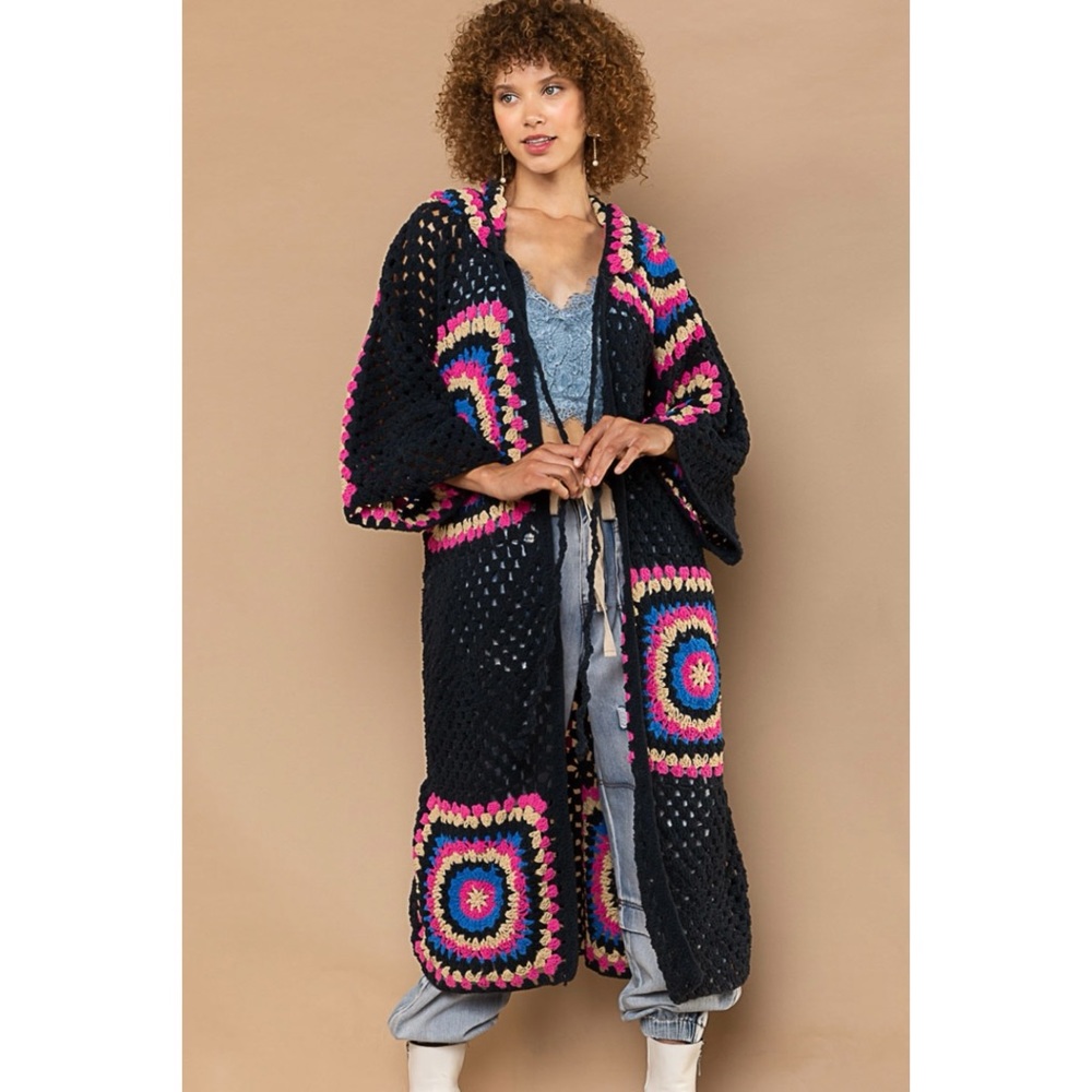POL Black & Pink Crochet Granny Square Chenille Long Cardigan Relaxed Fit - Picture 3 of 16